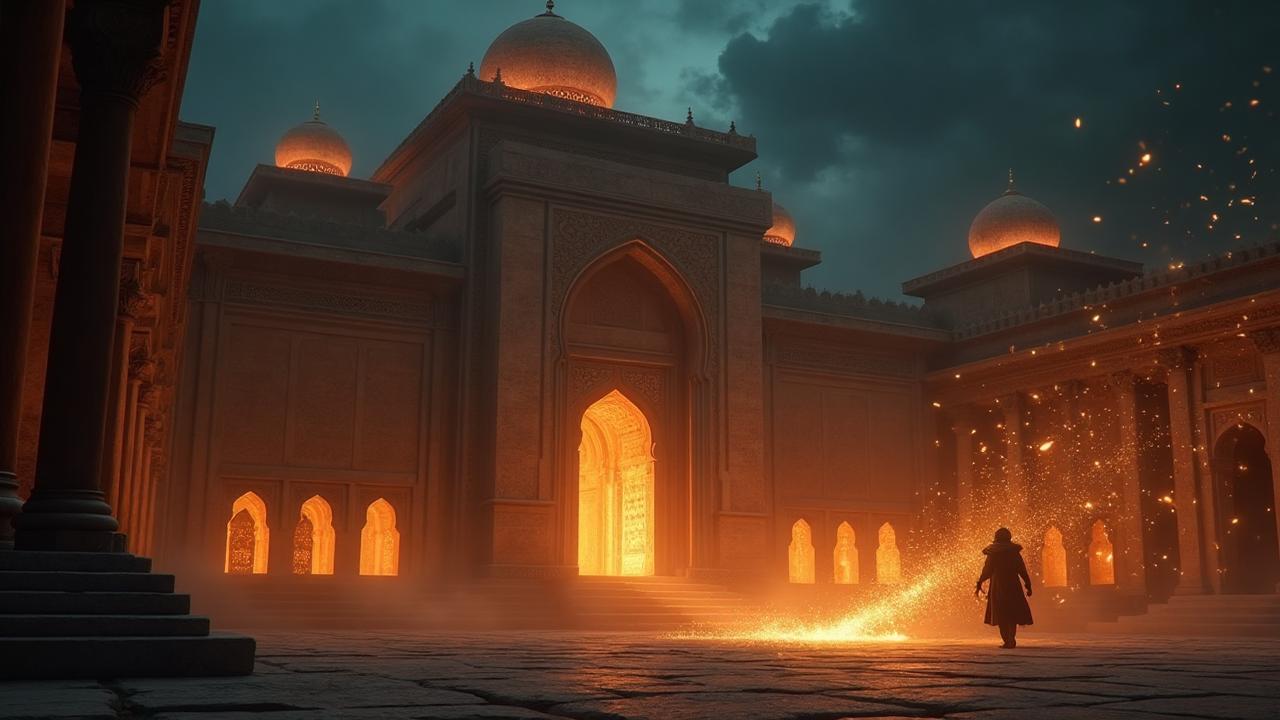 Ancient temple ruins with mystical fire magic